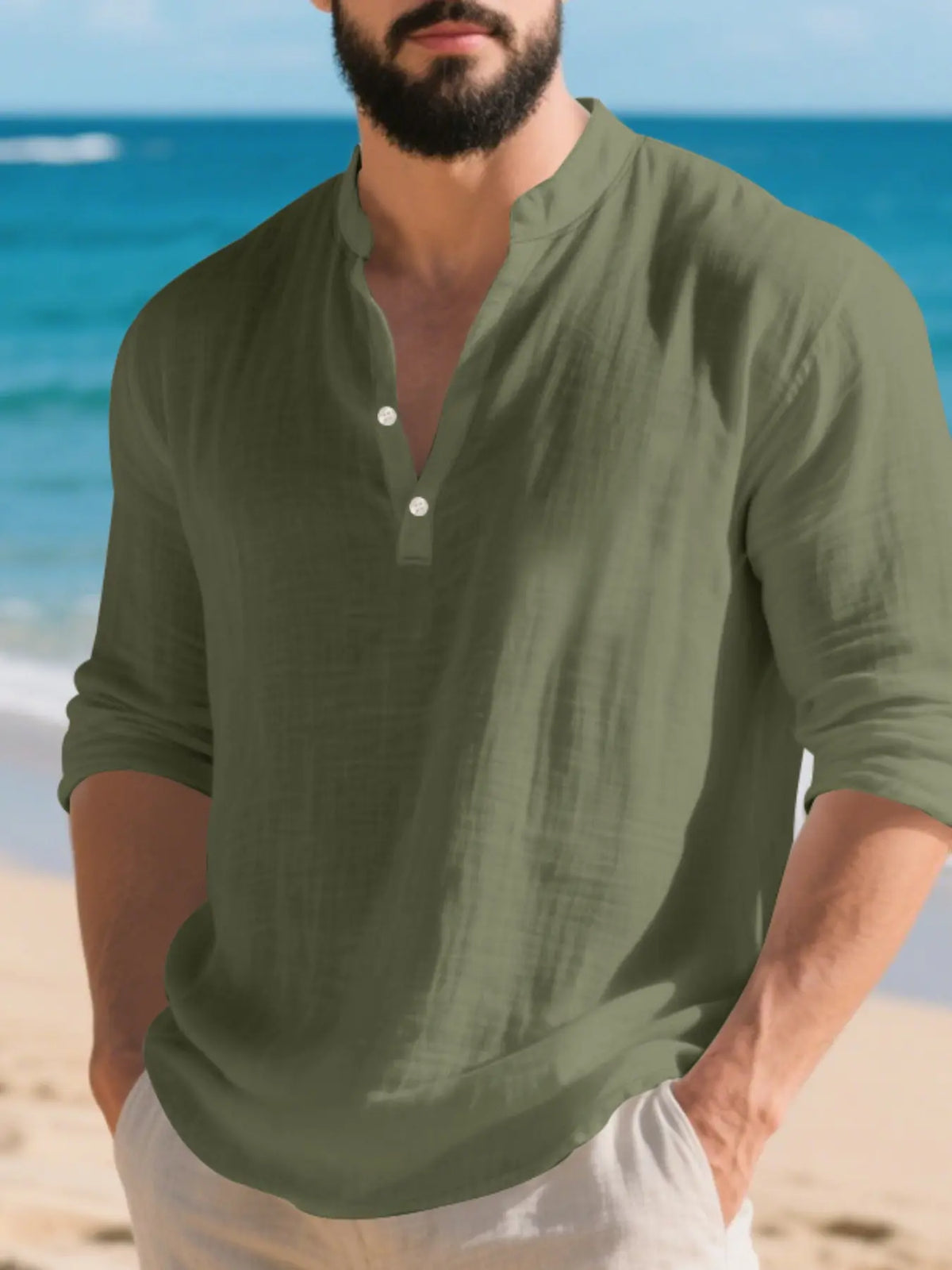 Men's Autumn Linen Henley Shirt, Casual Breathable Shirts, Casual Long Sleeve V Neck Top, Breathable Fashionable Daily Wear, Perfect for Fall Season, Menswear