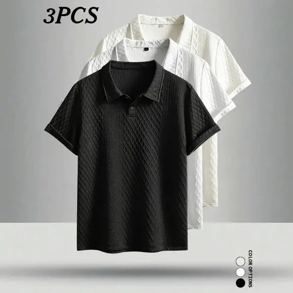 3-Pack men‘s summer outdoor casual jacquard polo shirts—the textured fabric resists shape distortion, and the traditional lapel is perfect for business meetings and everyday shopping/casual wear.
