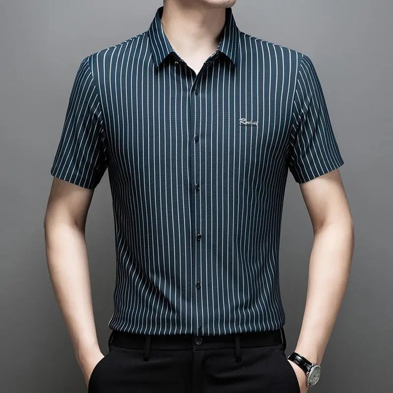 Men's Collared Short-Sleeved Formal Shirt - High-Elastic, Quick-Drying, Breathable, Wrinkle-Resistant, Expandable, Machine-Washable Classic Stripe Black Menswear with Tailored Fit - Nylon, Jersey Spandex, Polyester Top for Business Use