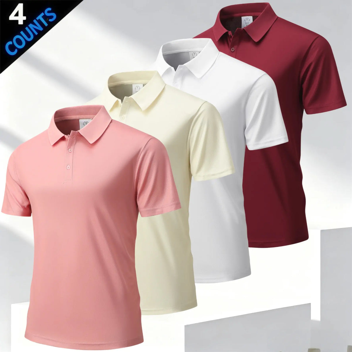 Men's 4 Plain Short-Sleeve Smart Casual Polo Shirts Top, Business Style with Classic Turn-Down Collar, Refined Buttons, Breathable Skin-Friendly Mesh Fabric, Versatile Multi-Season Fit