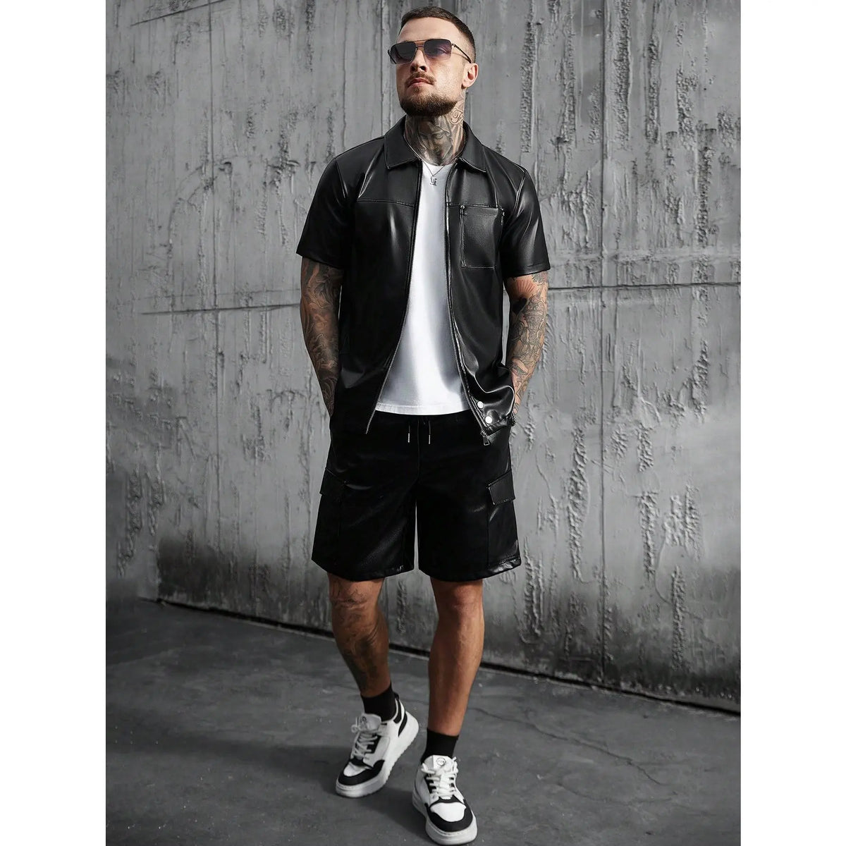 Men's Loose Fit PU Leather Front Zip Short Sleeve Shirt, Streetwear Inspired Men's Leather Shirt Men's Black Shirt