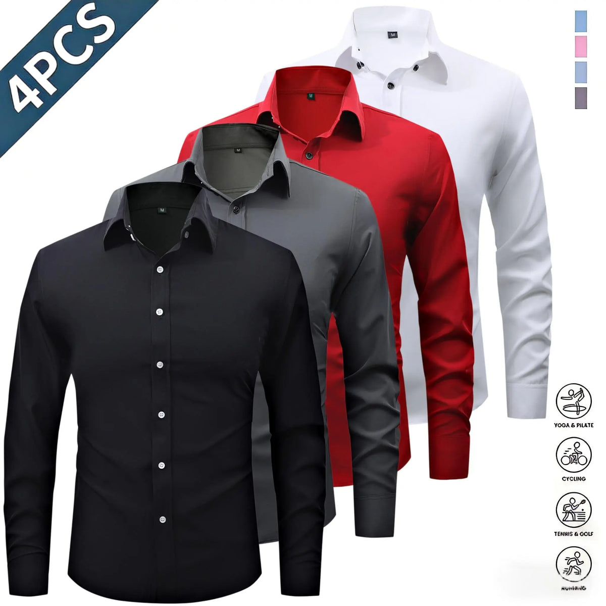 Men’s Solid-Color Long-Sleeve Shirts (4-Pack) - Fashion Apparel with Notched Lapel Collar, Comfortable Neck Button Placement, Sharp Structured Fit, Stretch Fabric, Mens Gifts for Fathers Day, 4 Shirts Refresh Your Rotation