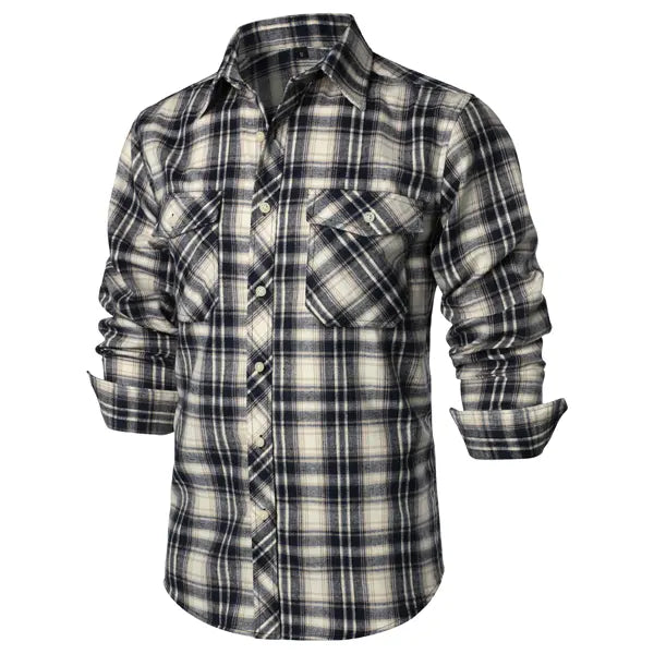 ZEROYAA Men's Plaid Flannel Shacket Tops - Classic Regular Fit, Collared Long Sleeve Button-Up Shirt with Pockets, Rayon Fabric, Button Detailing for Casual Business Wear