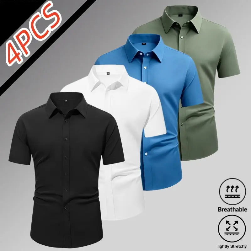 Sohochic Men’s 4-Pack Ice Silk High-Stretch Short Sleeve Shirts - Top Wardrobe Staples, Slim-Fit Button-Front Turn-Down Collar, Summer Breathable Skin-Friendly Drapey No-Iron Business Commuter Shirts