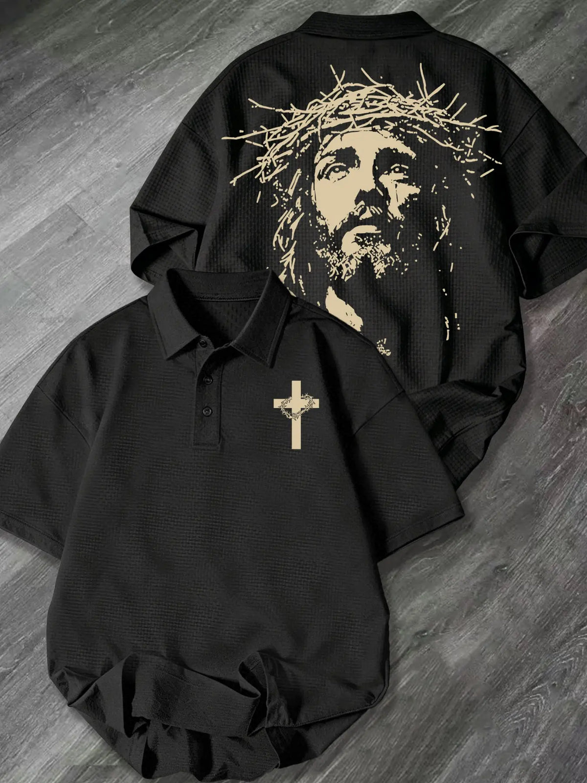 Mens Collared Waffle Knit Classic Streetwear Polo Shirt Thorn Crown Cross Portrait Graphic Chest & Back Print Faith Themed Casual Short Sleeve Top For Daily Church Urban Relaxed Leisure Outfit Printed Polo Shirts