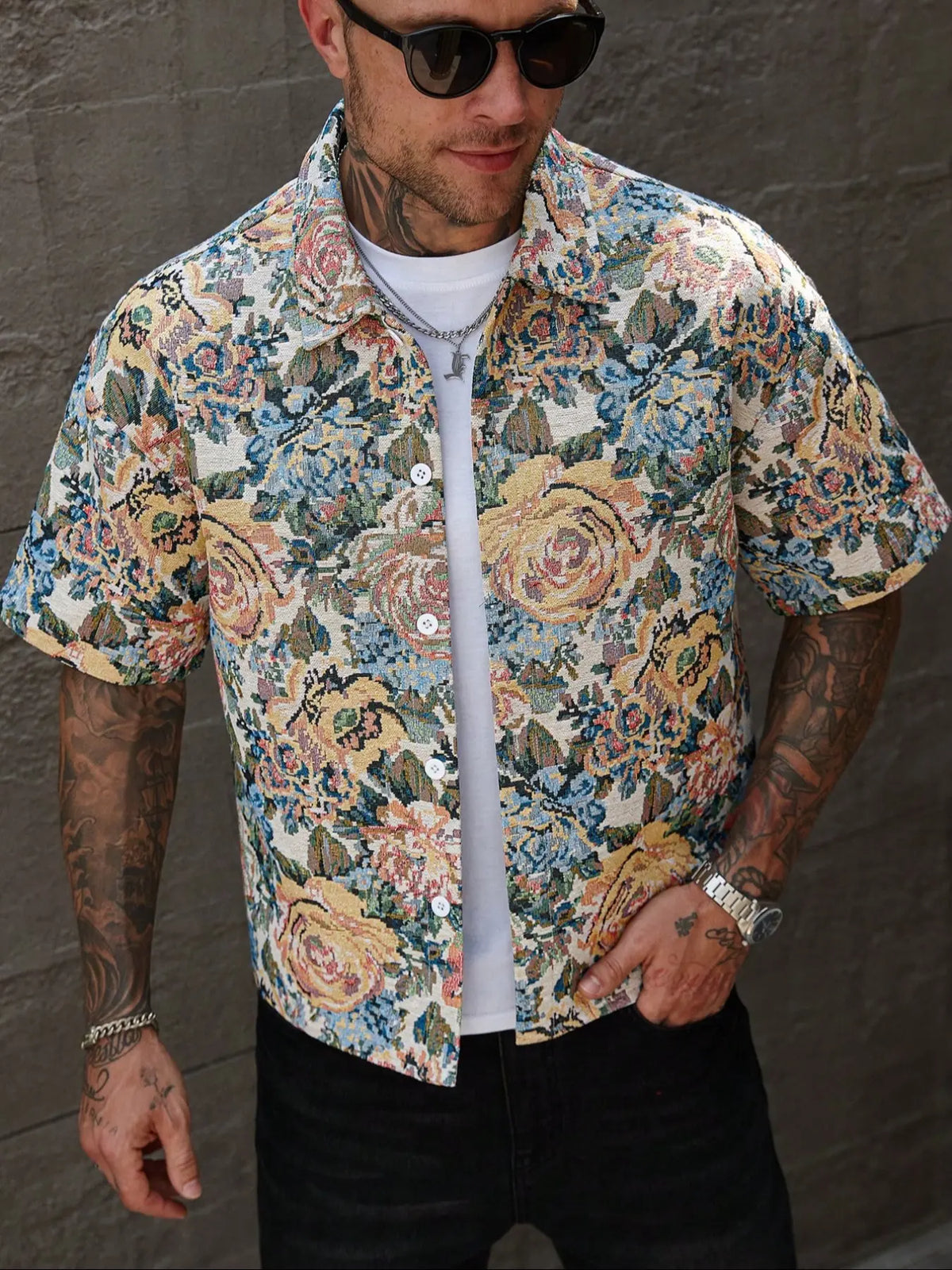 Men's Woven Fabric Floral Casual Stylish Clothing Comfy Collared Shirt, Spring & Fall Fitted Design, Perfect for Daily Wear, Street Style, Streetwear, Home Outing, Holidays, Menswear, Classic
