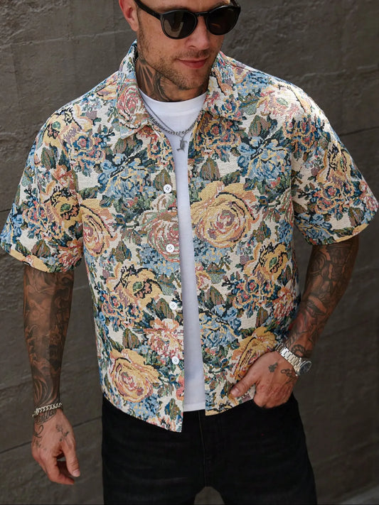Men's Woven Fabric Floral Casual Stylish Clothing Comfy Collared Shirt, Spring & Fall Fitted Design, Perfect for Daily Wear, Street Style, Streetwear, Home Outing, Holidays, Menswear, Classic