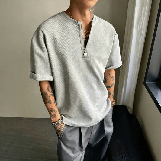 Men's Summer Solid Color Sport Casual Half-Zip Short Sleeve Top, Fitted Long Clothing, Plain Pattern, H Type Style