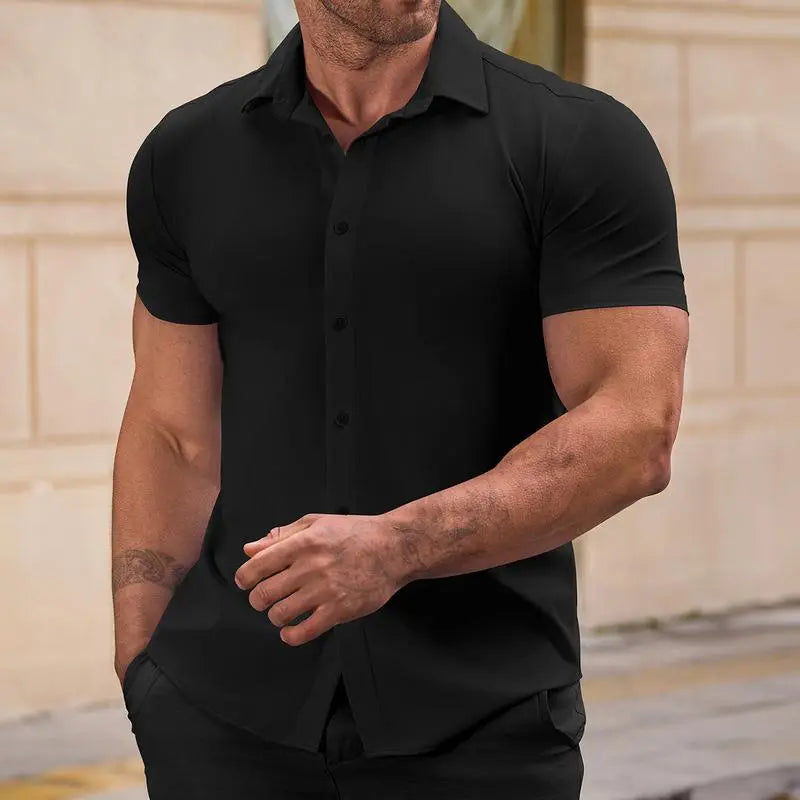 Men's Muscle Fit Short-Sleeve Collared Neck Dress Shirt - Plain, Wrinkle-Free Retro Tribal Button-Down Top, Casual Menswear Cardigan-Inspired Shirt