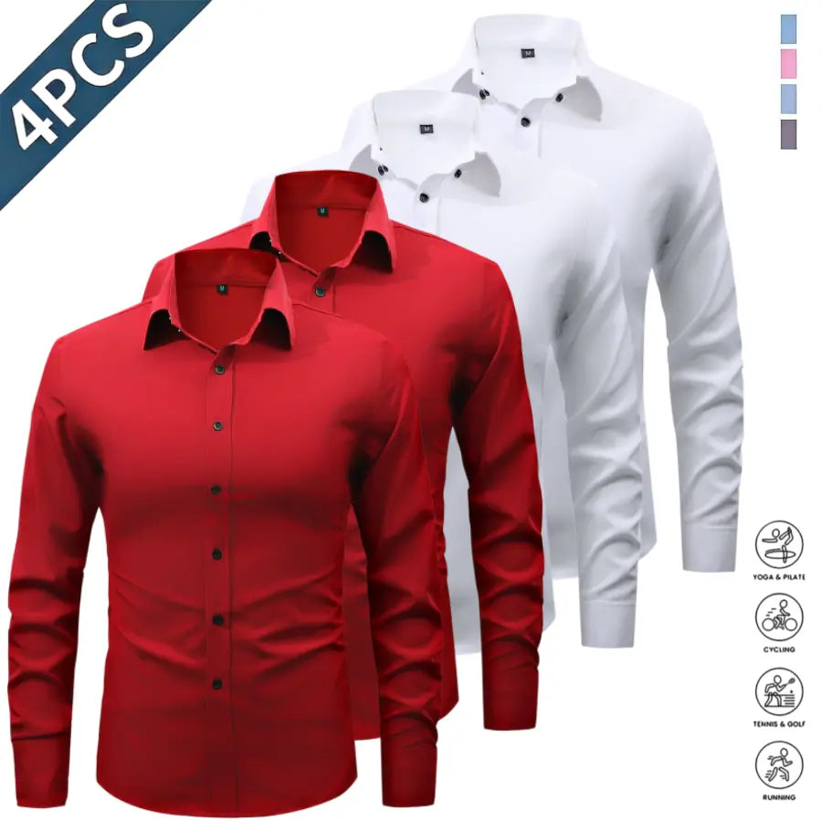 Men’s Solid-Color Long-Sleeve Shirts (4-Pack) - Fashion Apparel with Notched Lapel Collar, Comfortable Neck Button Placement, Sharp Structured Fit, Stretch Fabric, Mens Gifts for Fathers Day, 4 Shirts Refresh Your Rotation