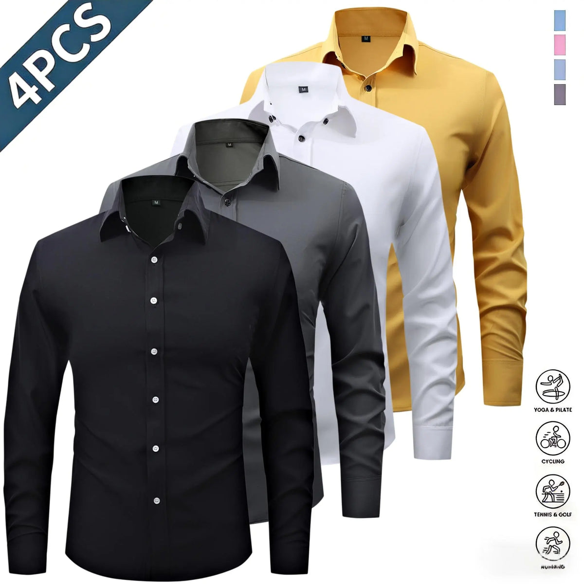 Men’s Solid-Color Long-Sleeve Shirts (4-Pack) - Fashion Apparel with Notched Lapel Collar, Comfortable Neck Button Placement, Sharp Structured Fit, Stretch Fabric, Mens Gifts for Fathers Day, 4 Shirts Refresh Your Rotation