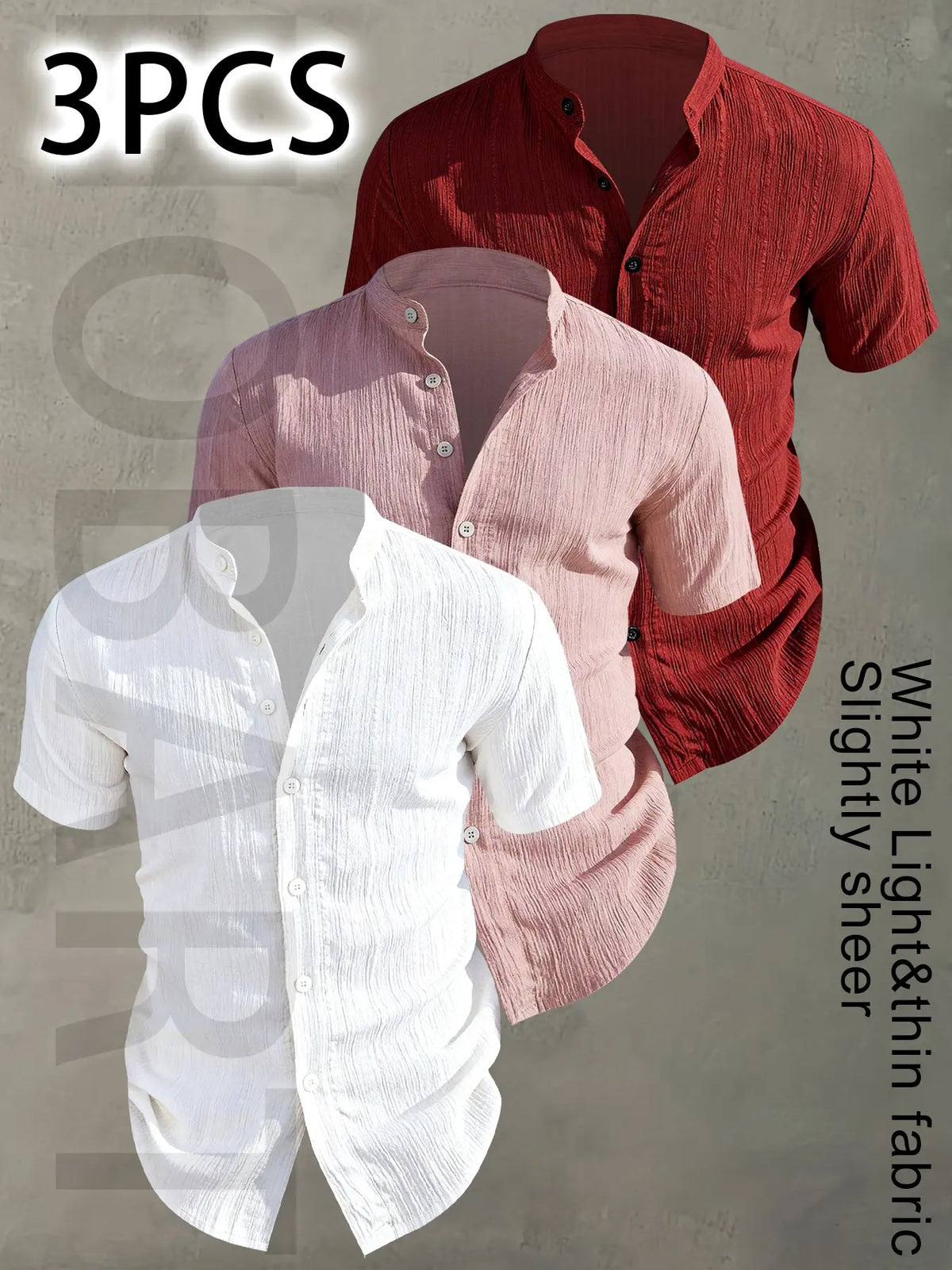 3pcs Set Men's Summer Short Sleeve - Lightweight Breathable Plain Color Button-Up Casual Shirt with Stand Collar, Low-cut collar designr Beach Vacation, Pool Party & Casual Attire, Beach Shirt, Collared Fitted Shirt, gift for husband