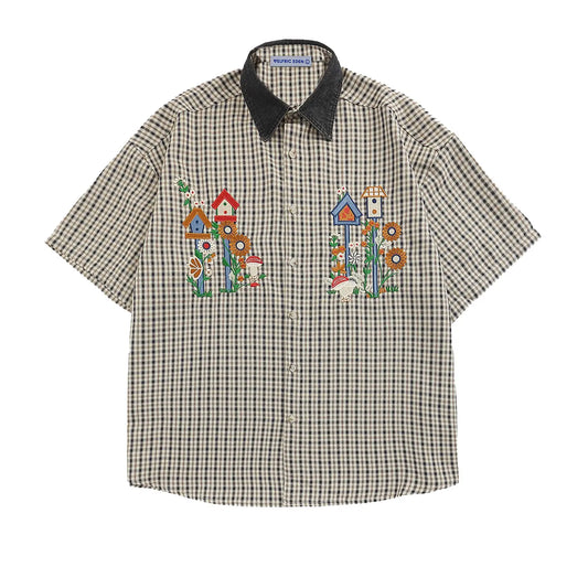 AELFRIC EDEN Men's Casual Plaid Shirt, Short Sleeve Loose Fit Streetwear Button Down with Birdhouse Embroidery and Contrast Collar, Male Clothing,back to school,back to school shopping