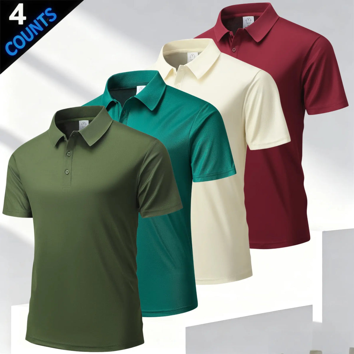 Men's 4 Plain Short-Sleeve Smart Casual Polo Shirts Top, Business Style with Classic Turn-Down Collar, Refined Buttons, Breathable Skin-Friendly Mesh Fabric, Versatile Multi-Season Fit