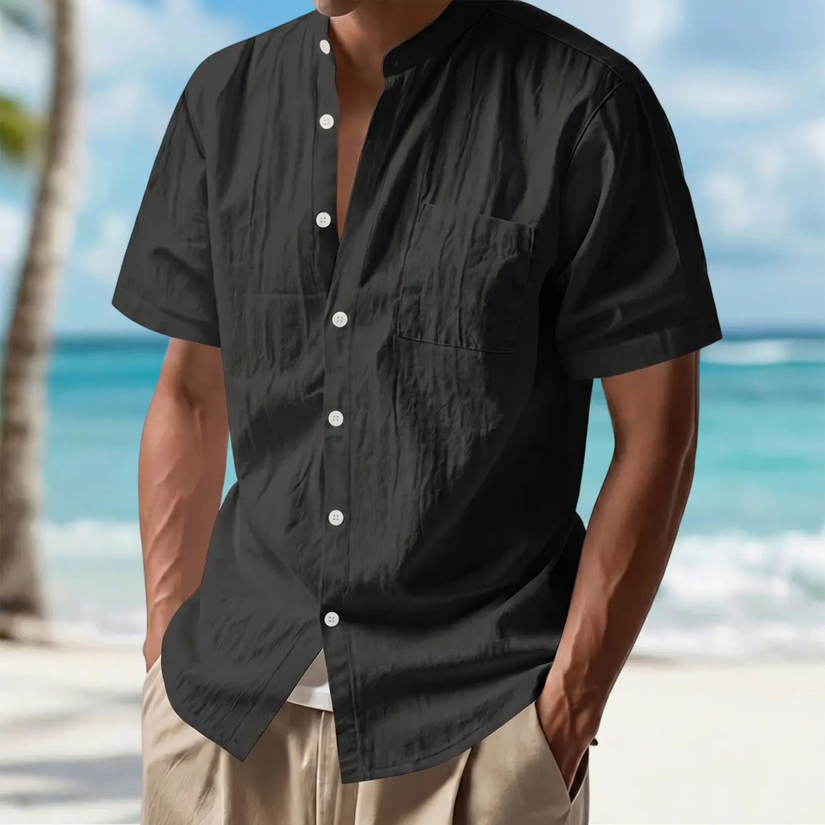 Men's 2-Pack Plain Casual Cotton-Linen Short-Sleeve Shirts - Stand Collar, Single-Button Front, Pocketed Tops, White + Light Blue, Breathable for Hot Days, Vacation Wear