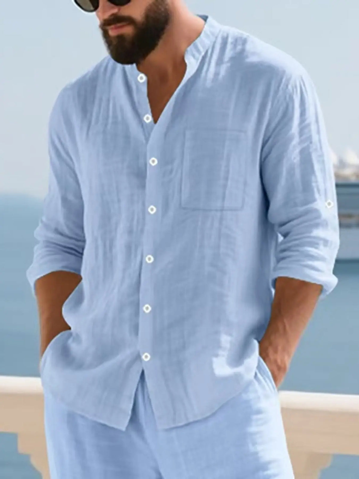 Men's Simple Button Front Long Sleeve Linen Shirt, Breathable Comfortable Fabric, Casual Style Top for Outdoor Activities & Social Events