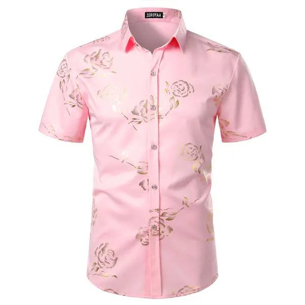 ZEROYAA Mens Hipster Gold Rose Printed Slim Fit Short Sleeve Button Down Dress Shirts Casual Summer Style Casual Fashion,back to school,back to school shopping