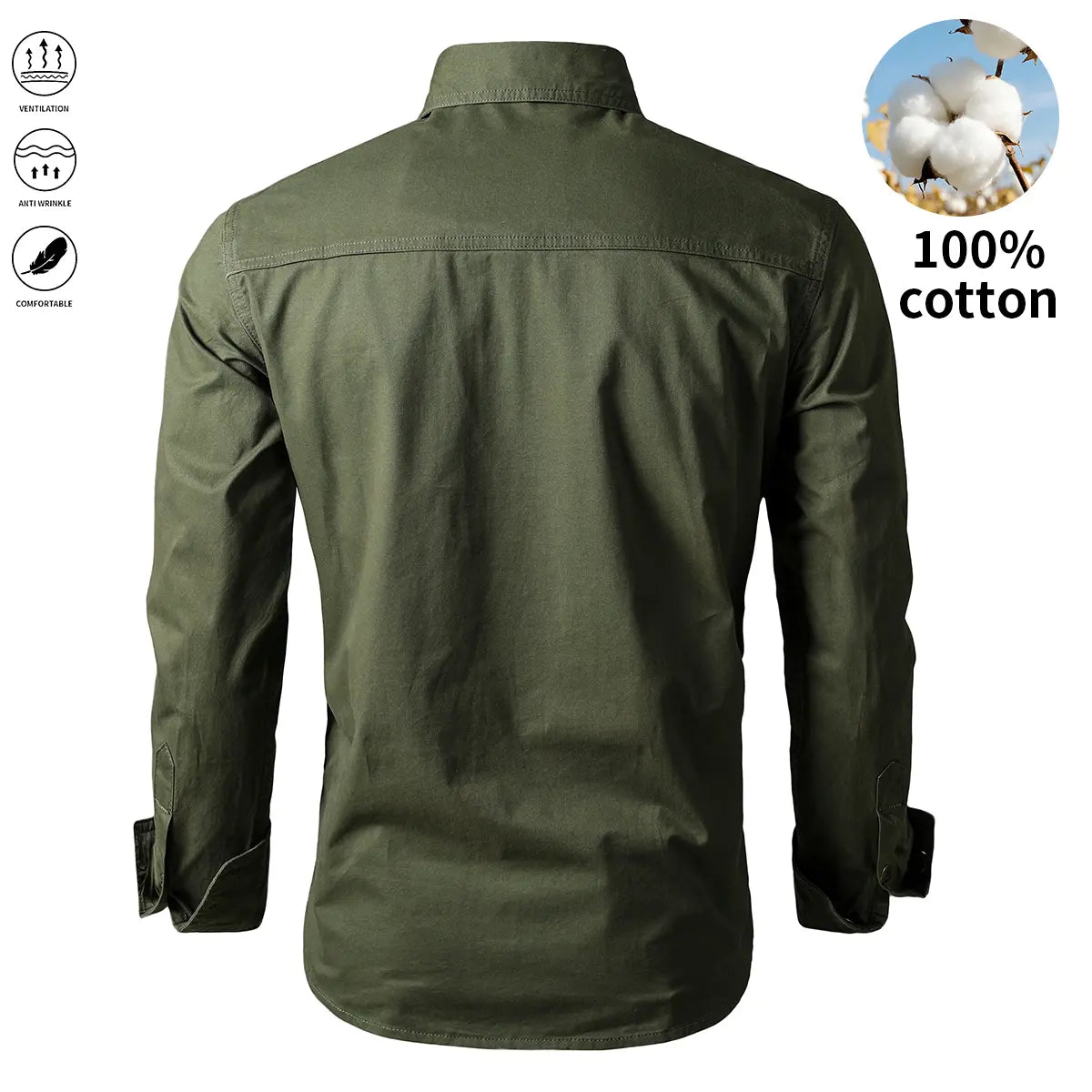Set of three pure cotton long-sleeve work shirts for men: button-up work/utility tactical shirt for fishing and hunting; casual loose-fit long-sleeve button shirt with two pockets, suitable for outdoor hunting.