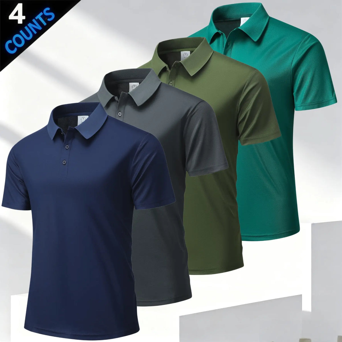 Men's 4 Plain Short-Sleeve Smart Casual Polo Shirts Top, Business Style with Classic Turn-Down Collar, Refined Buttons, Breathable Skin-Friendly Mesh Fabric, Versatile Multi-Season Fit