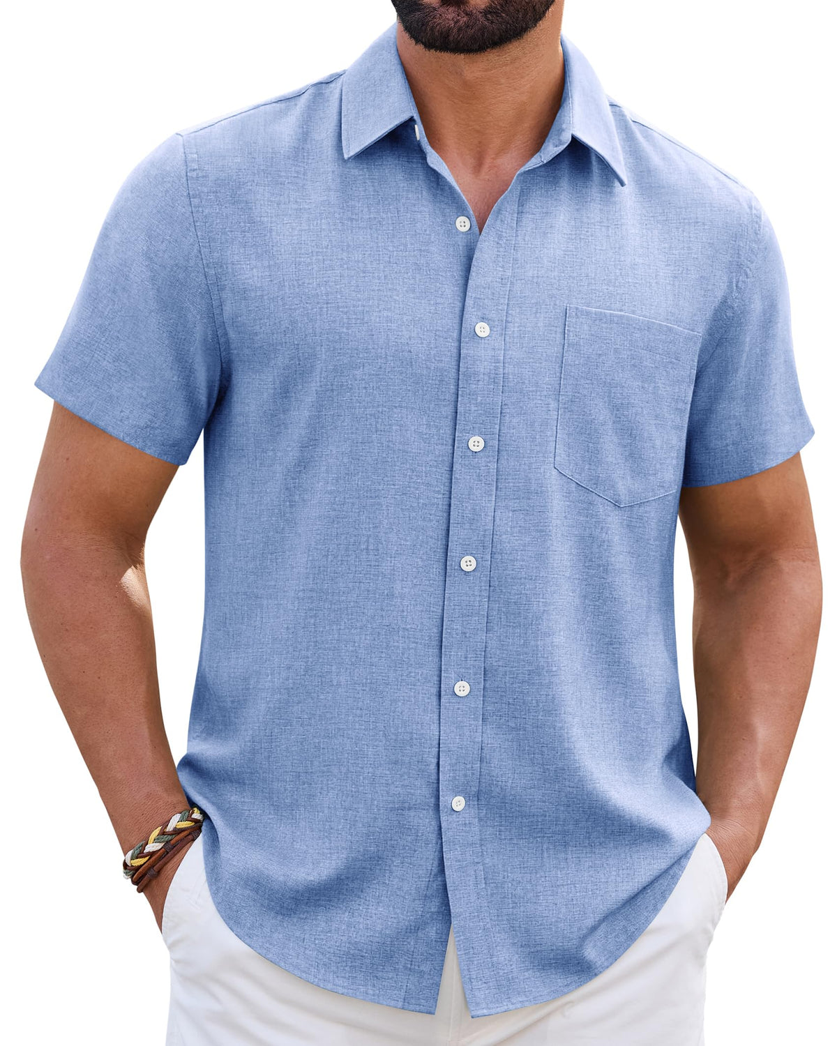 Mens Linen Shirt Short Sleeve Wrinkle Free Casual Untucked Button Down Shirts Beach Breathable Tops Summer