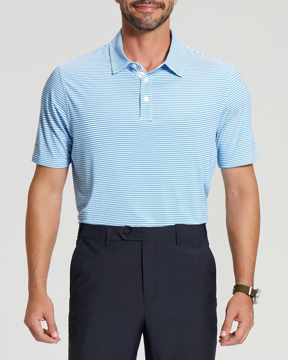 Golf Shirts for Men - Dry Fit Moisture Wicking Short Sleeve Performance Sport Casual Striped Collared Mens Polo Shirt