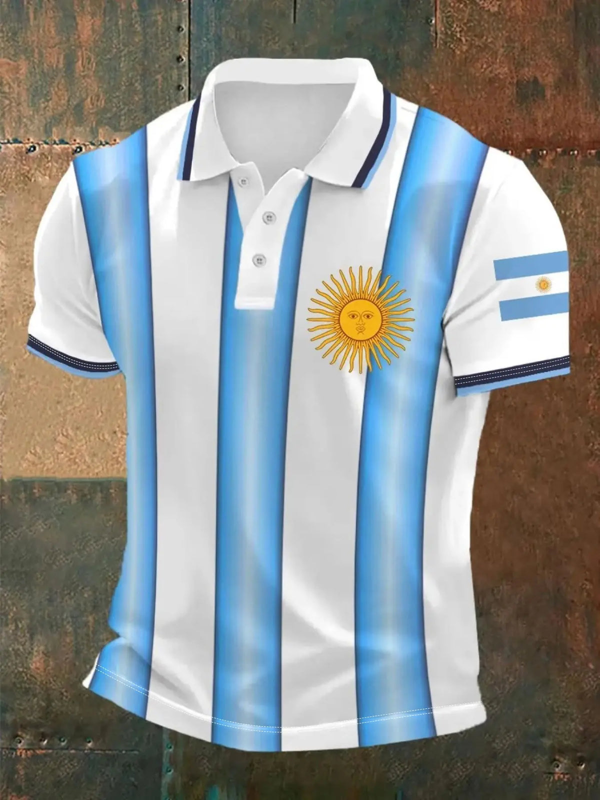 Men's Argentina-Themed Polo Shirt, Striped Polo Tee, Blue Striped Sun-Print Short-Sleeve Top, Summer Fan Fashion Casual Slim-Fit T-Shirt
