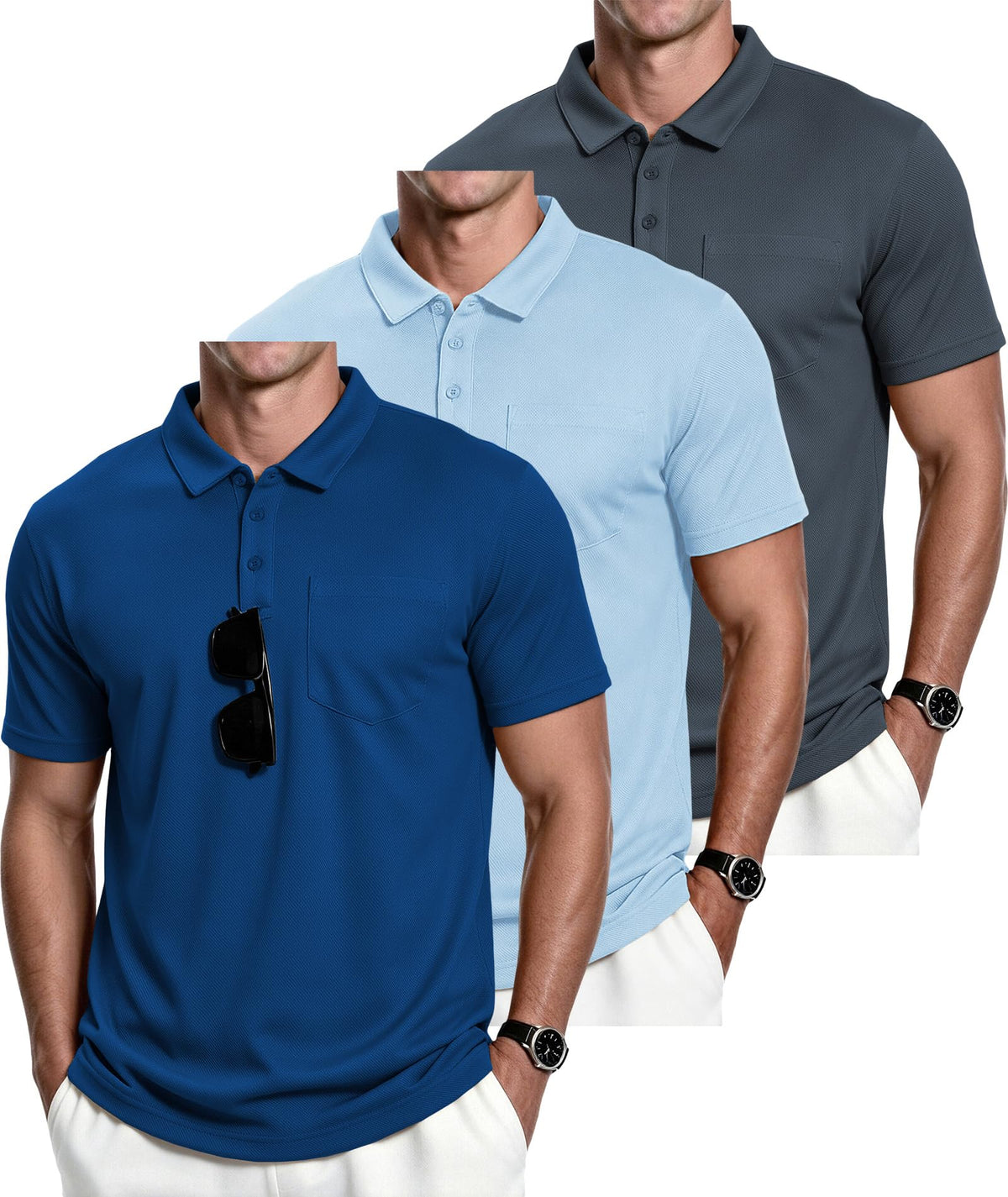 ZITY Men's 3 Pack Polo Shirts Short Sleeve with Pocket Moisture Wicking Casual Work Golf Lightweight Collared T-Shirts