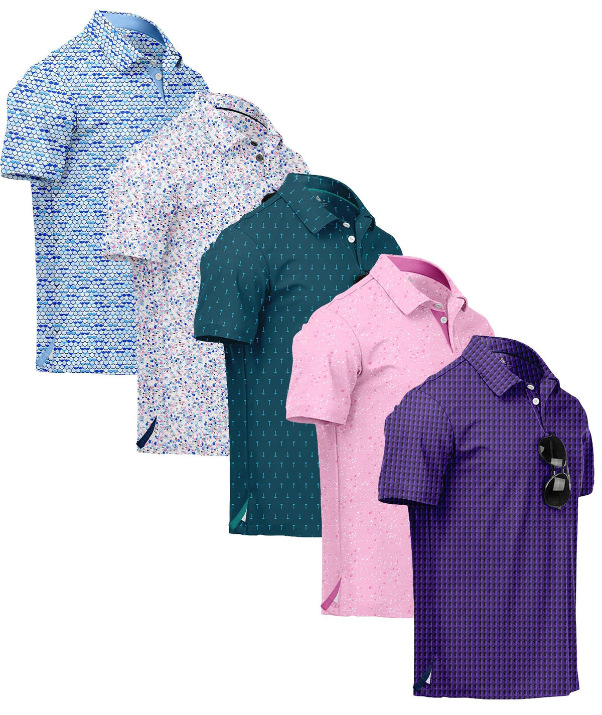 ZITY 5 Pack Mens Golf Shirt Short Sleeve UPF 50+ Print Patterns Casual Polo