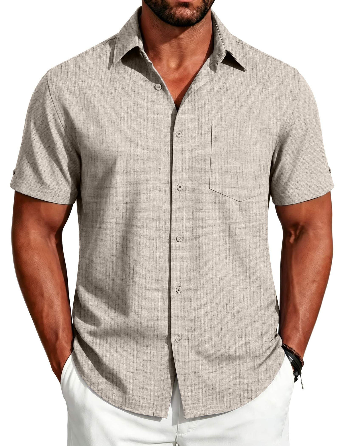 COOFANDY Men's Button Down Shirts Short Sleeve Casual Shirts Summer Beach Linen Shirts with Pocket