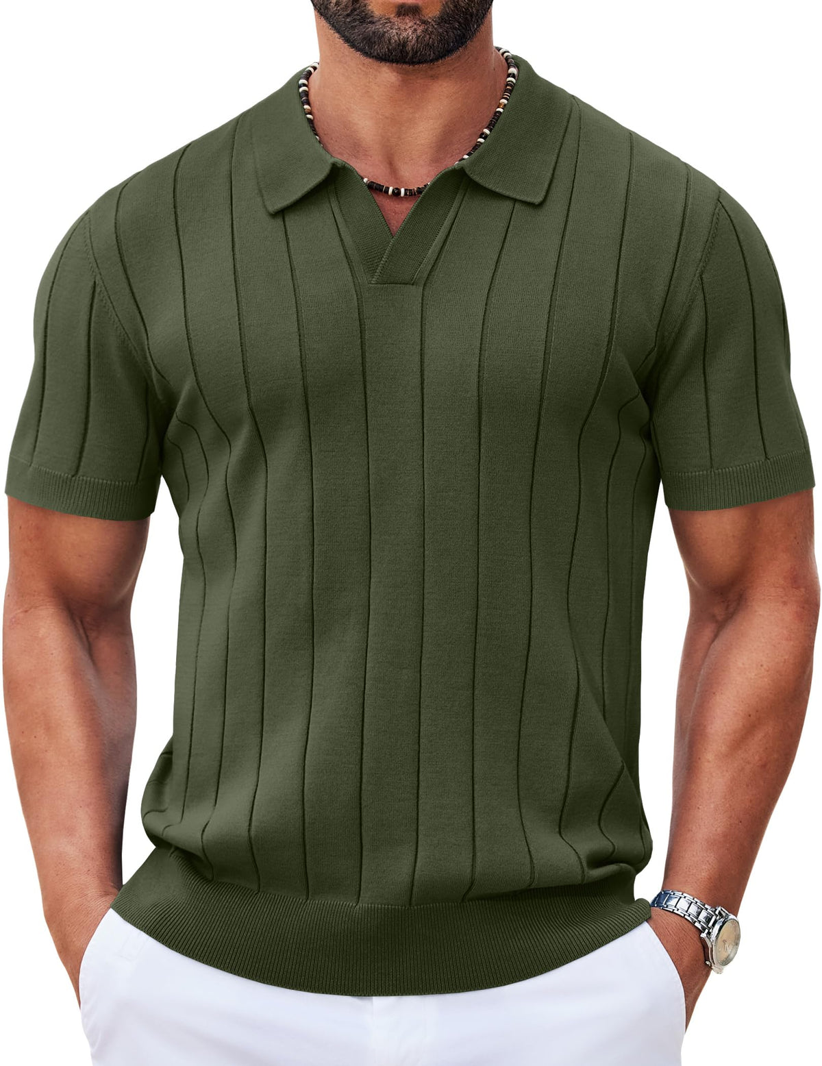 COOFANDY Mens Polo Shirts Short Sleeve V Neck Knit Shirts for Men Casual Old Money Clothes Mens Golf Shirt