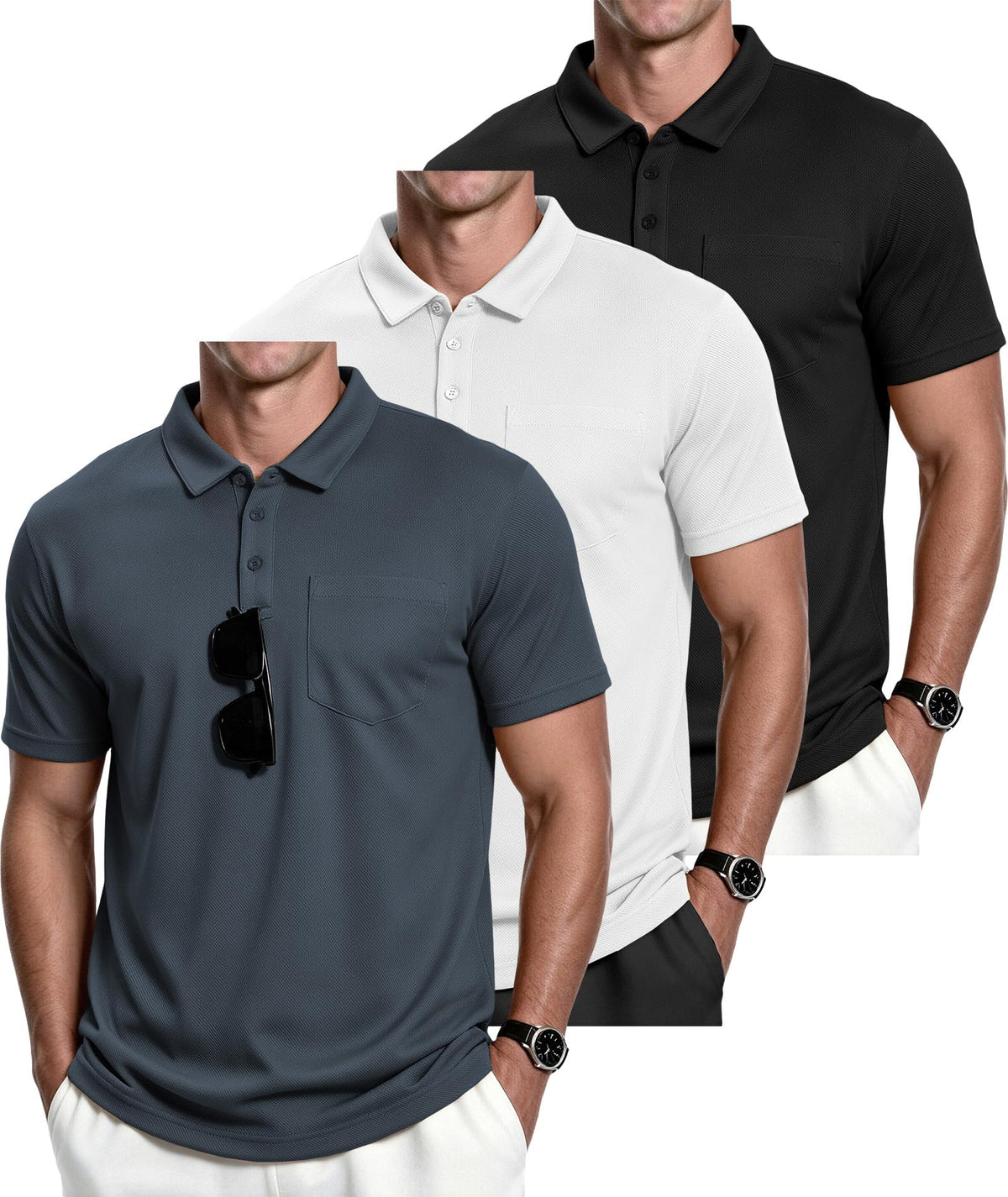 ZITY Men's 3 Pack Polo Shirts Short Sleeve with Pocket Moisture Wicking Casual Work Golf Lightweight Collared T-Shirts