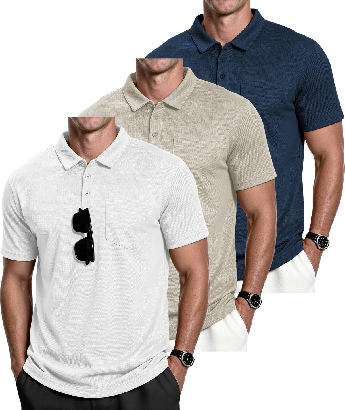 ZITY Men's 3 Pack Polo Shirts Short Sleeve with Pocket Moisture Wicking Casual Work Golf Lightweight Collared T-Shirts