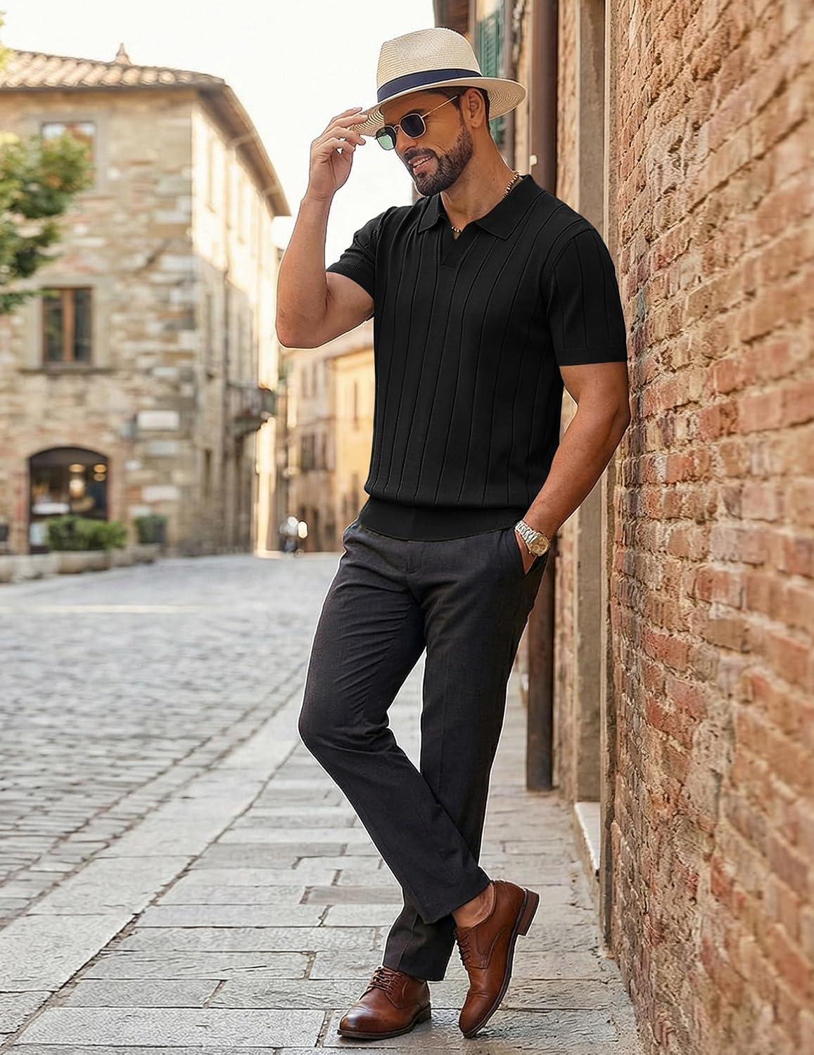 COOFANDY Mens Polo Shirts Short Sleeve V Neck Knit Shirts for Men Casual Old Money Clothes Mens Golf Shirt