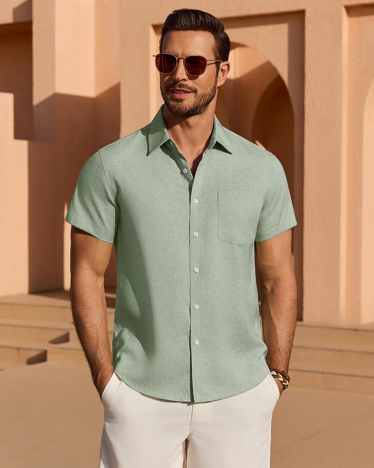 Mens Linen Shirt Short Sleeve Wrinkle Free Casual Untucked Button Down Shirts Beach Breathable Tops Summer