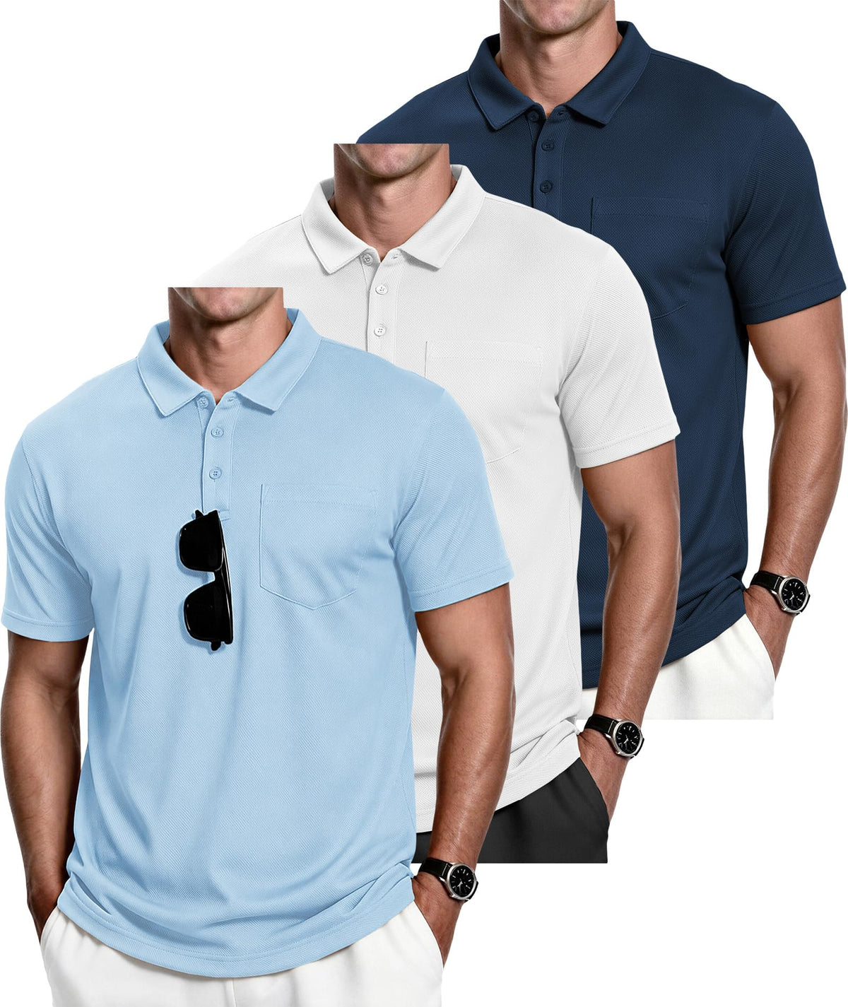 ZITY Men's 3 Pack Polo Shirts Short Sleeve with Pocket Moisture Wicking Casual Work Golf Lightweight Collared T-Shirts