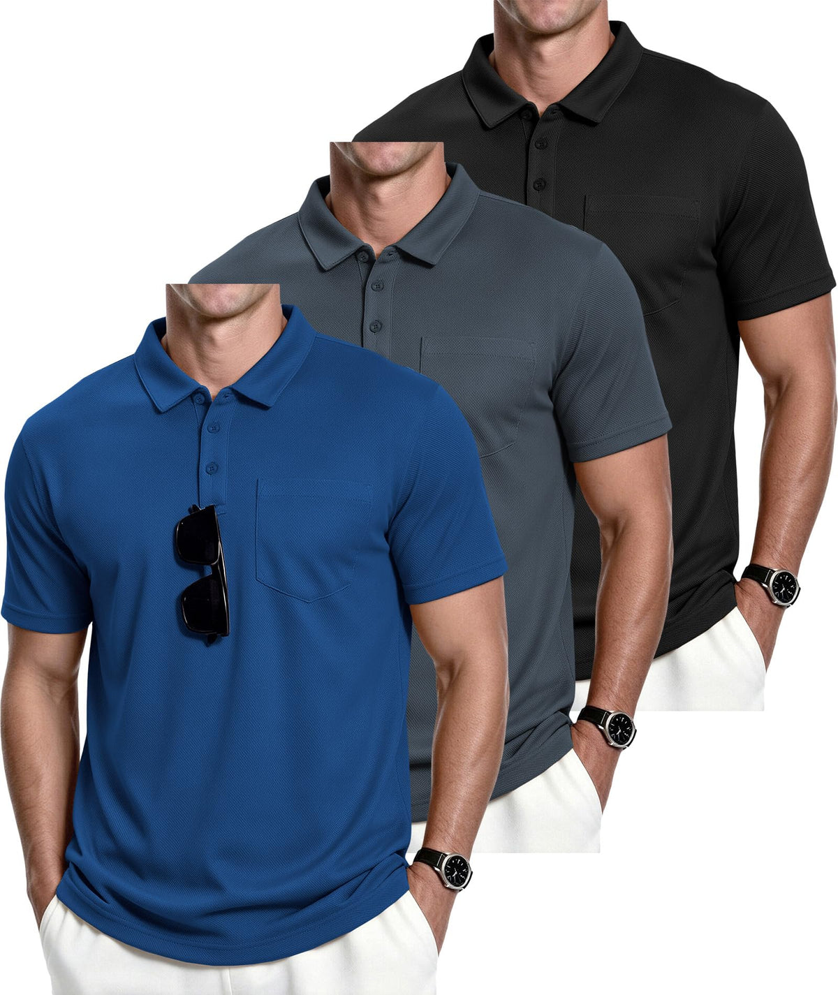 ZITY Men's 3 Pack Polo Shirts Short Sleeve with Pocket Moisture Wicking Casual Work Golf Lightweight Collared T-Shirts
