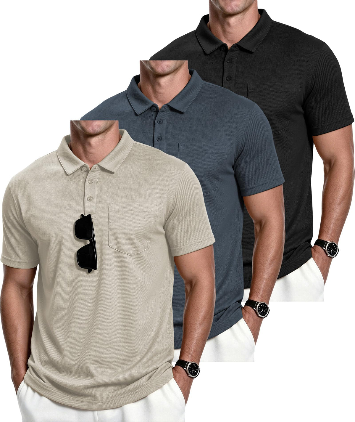 ZITY Men's 3 Pack Polo Shirts Short Sleeve with Pocket Moisture Wicking Casual Work Golf Lightweight Collared T-Shirts