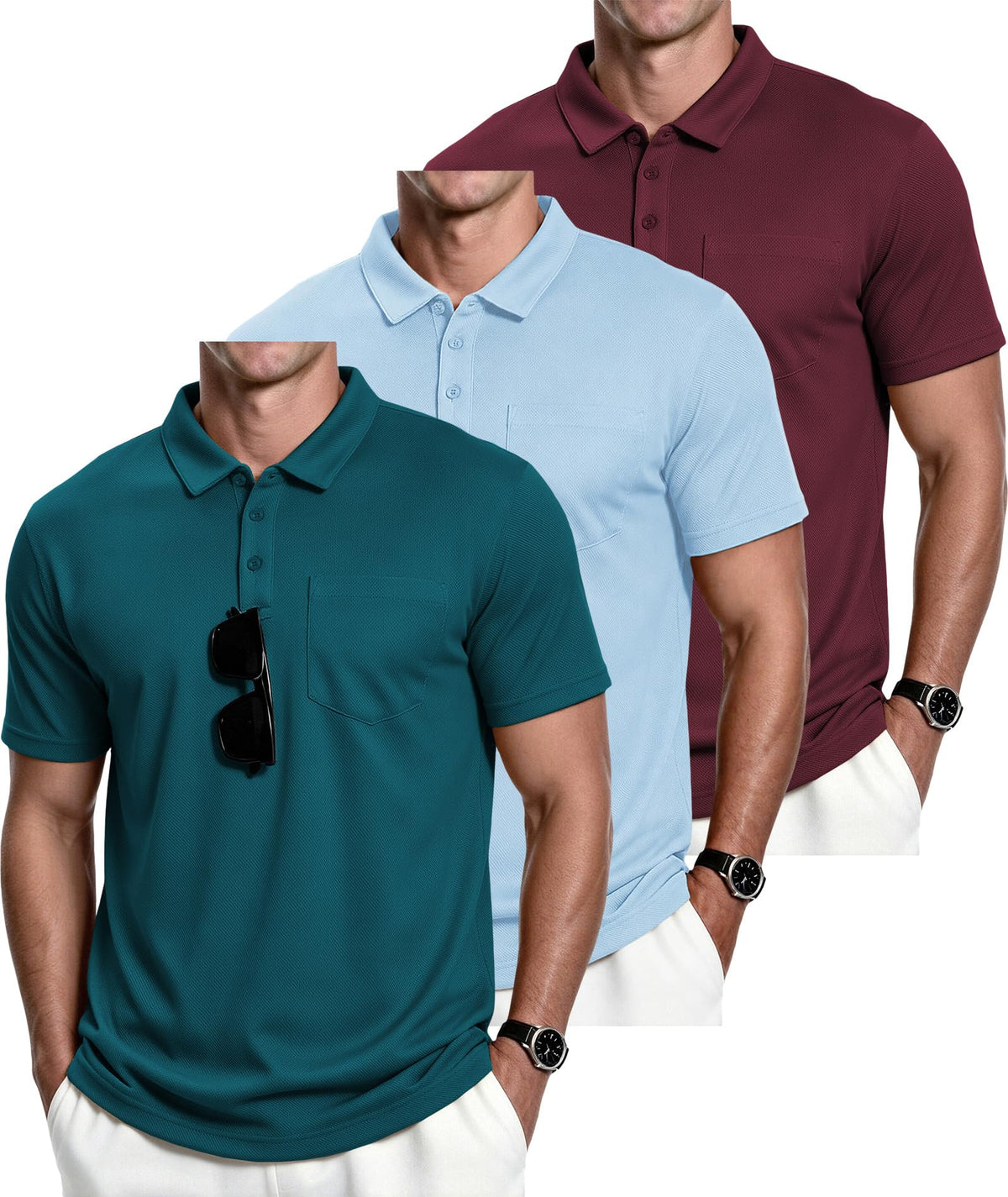 ZITY Men's 3 Pack Polo Shirts Short Sleeve with Pocket Moisture Wicking Casual Work Golf Lightweight Collared T-Shirts