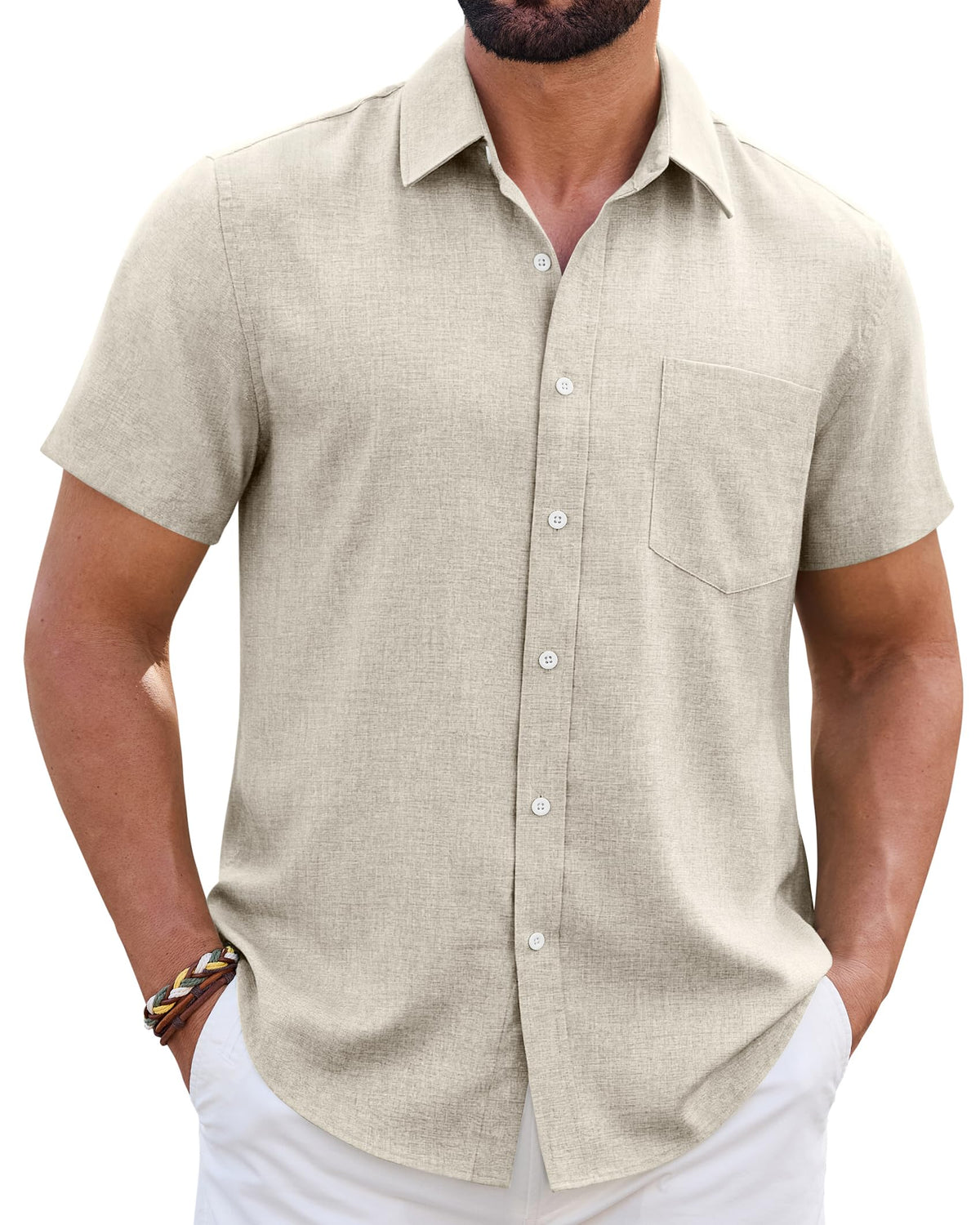 Mens Linen Shirt Short Sleeve Wrinkle Free Casual Untucked Button Down Shirts Beach Breathable Tops Summer