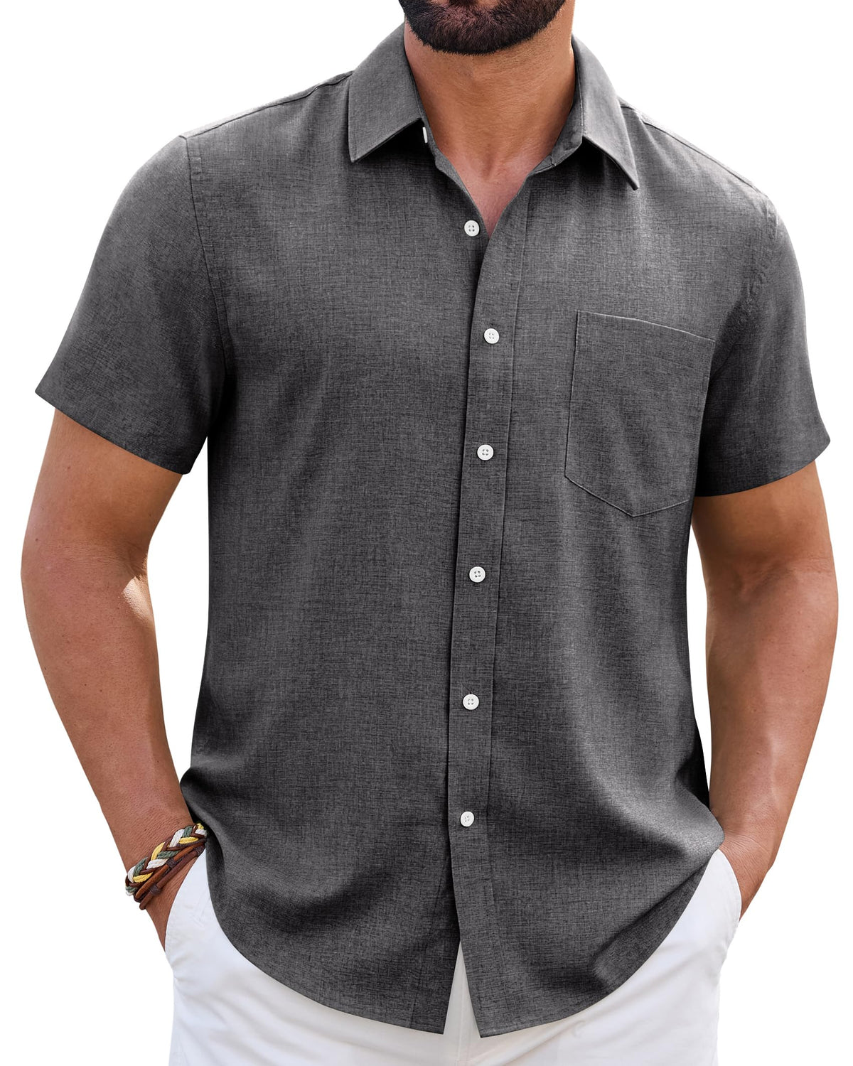 Mens Linen Shirt Short Sleeve Wrinkle Free Casual Untucked Button Down Shirts Beach Breathable Tops Summer