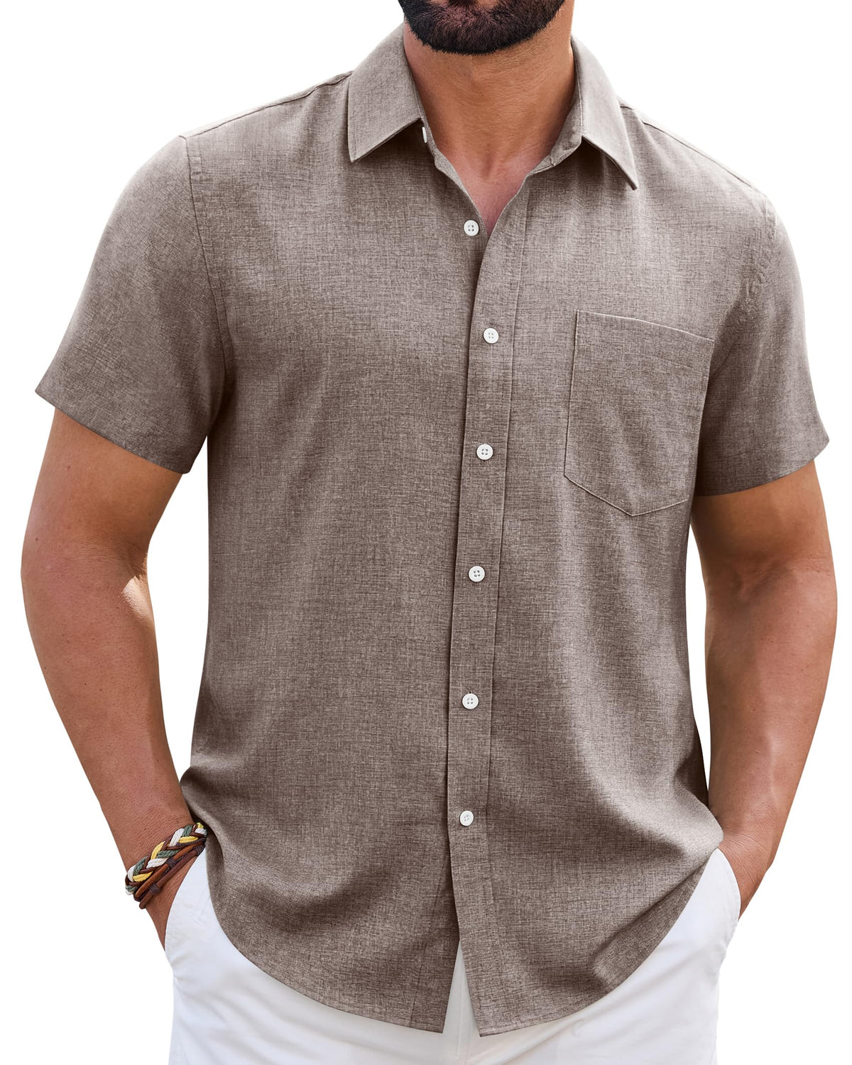 Mens Linen Shirt Short Sleeve Wrinkle Free Casual Untucked Button Down Shirts Beach Breathable Tops Summer