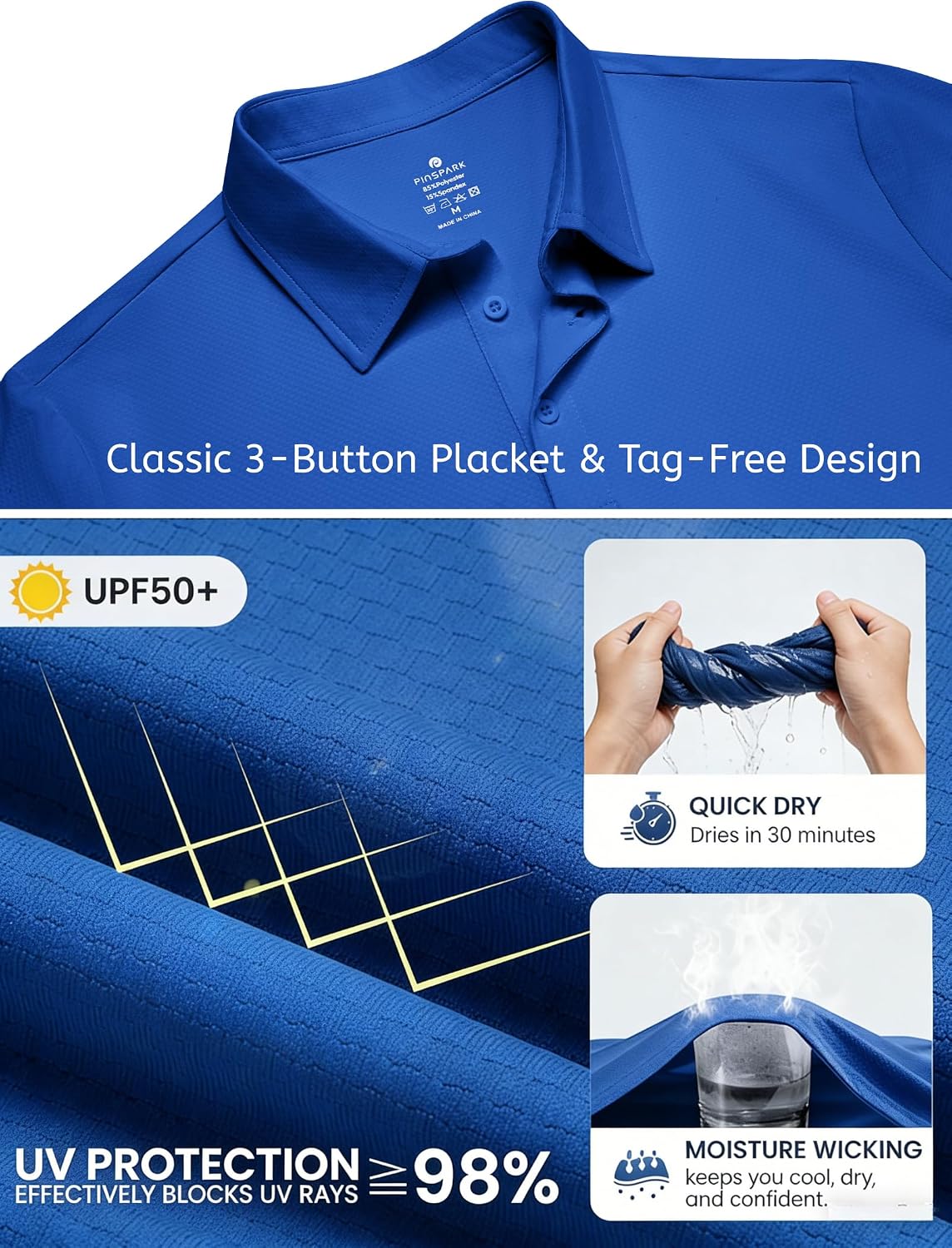 PINSPARK Men's Golf Polo Shirts UPF 50+ Moisture Wicking Collared Shirts