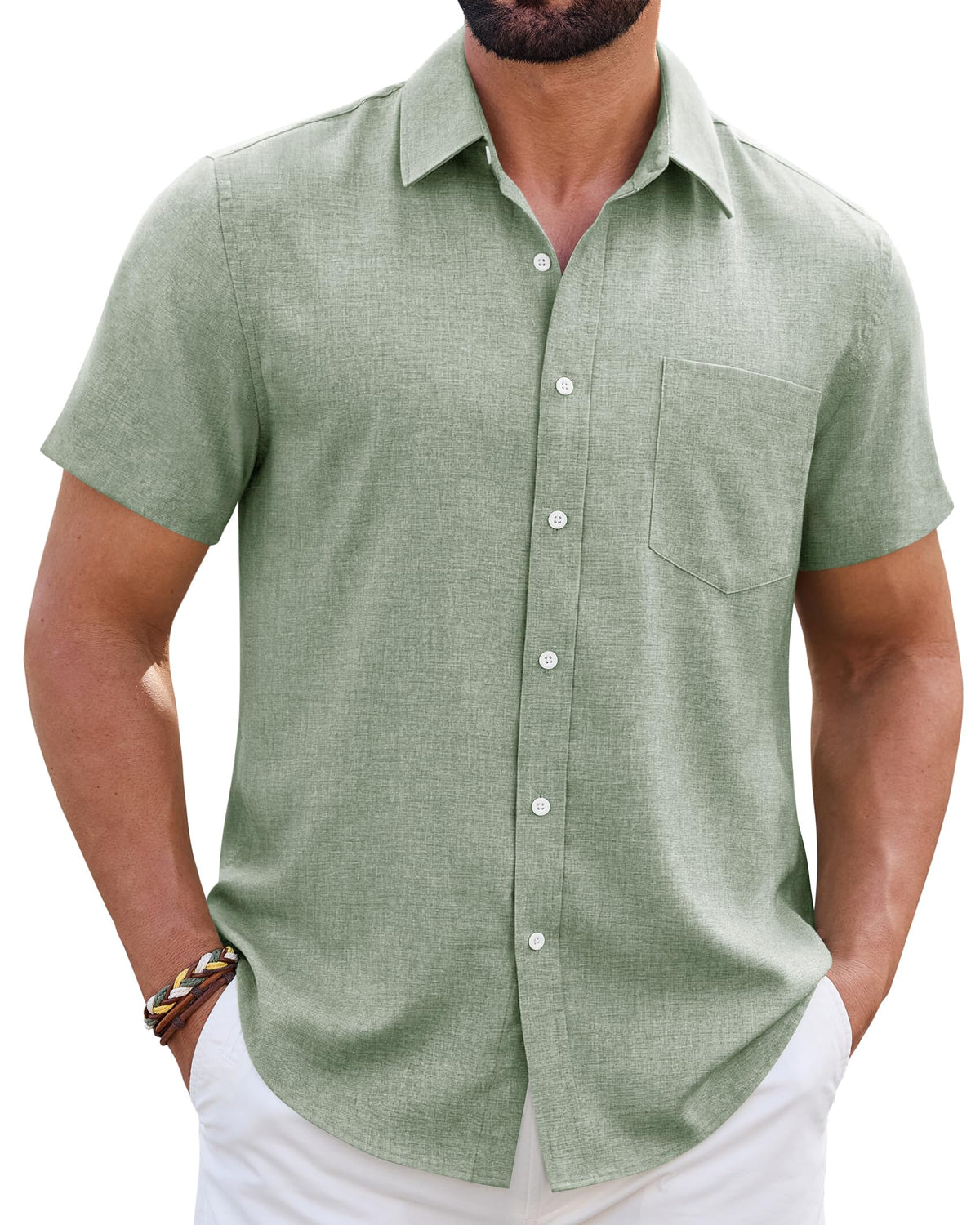 Mens Linen Shirt Short Sleeve Wrinkle Free Casual Untucked Button Down Shirts Beach Breathable Tops Summer
