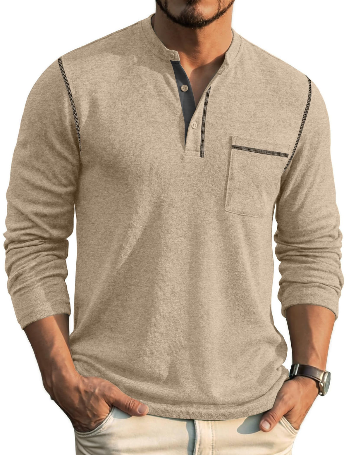 COOFANDY Men's Henley Long Sleeve Shirts Casual Button T-Shirt Pullover Basic Tees with Pocket