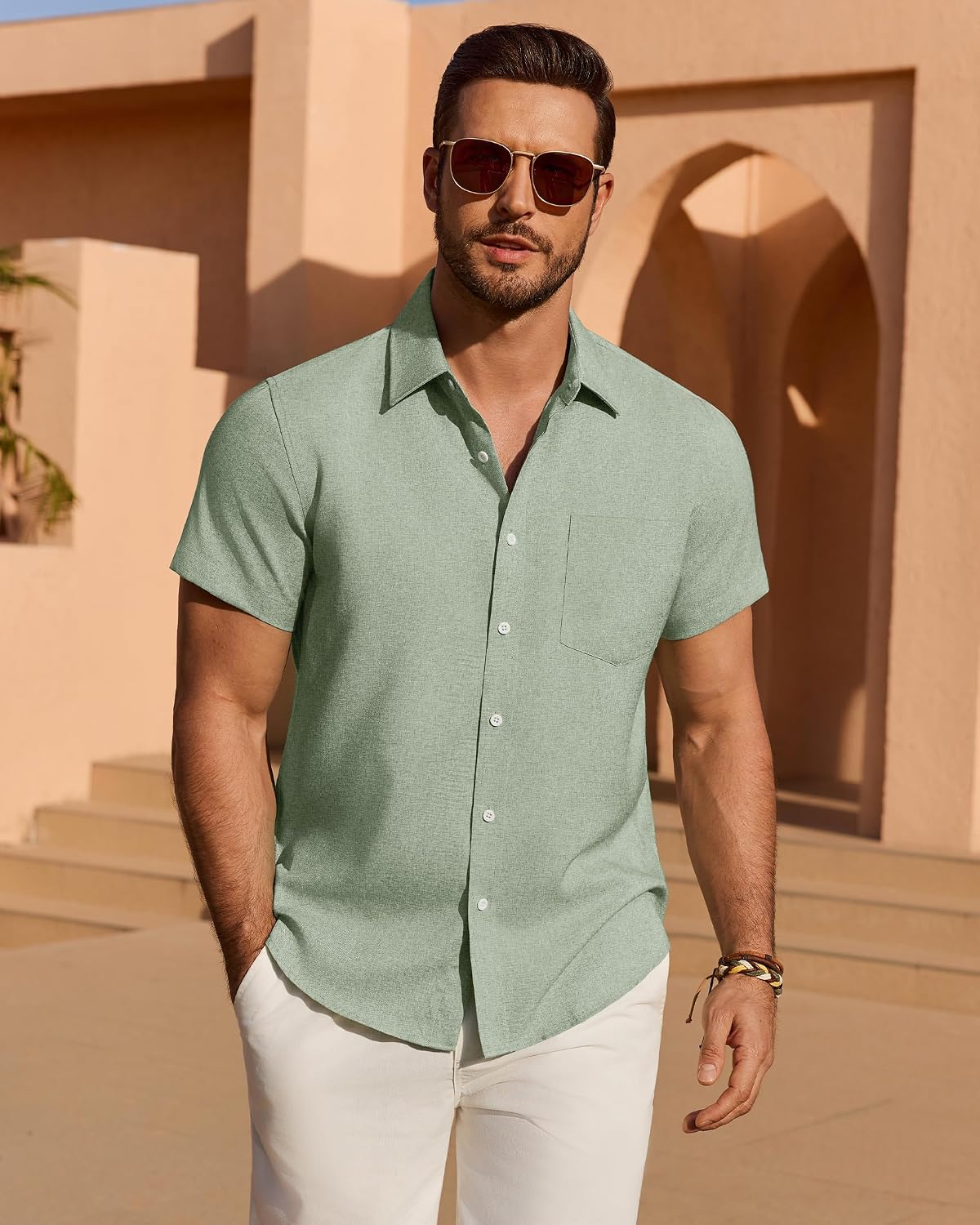 Mens Linen Shirt Short Sleeve Wrinkle Free Casual Untucked Button Down Shirts Beach Breathable Tops Summer