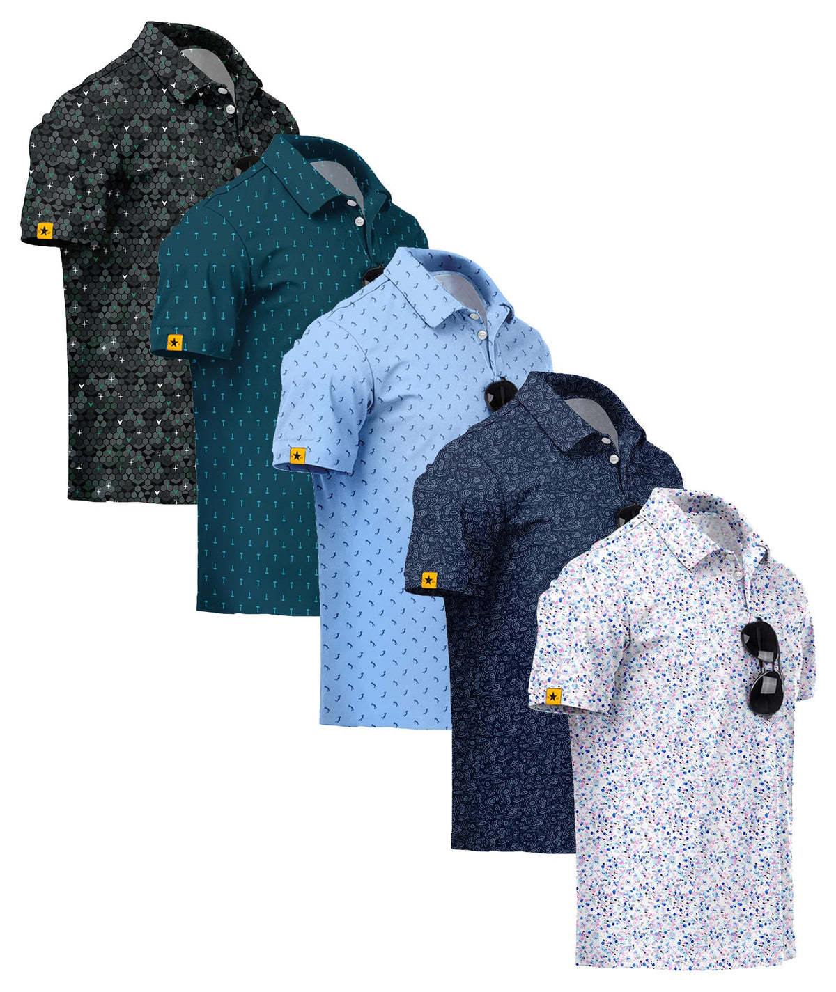 ZITY 5 Pack Mens Golf Shirt Short Sleeve UPF 50+ Print Patterns Casual Polo
