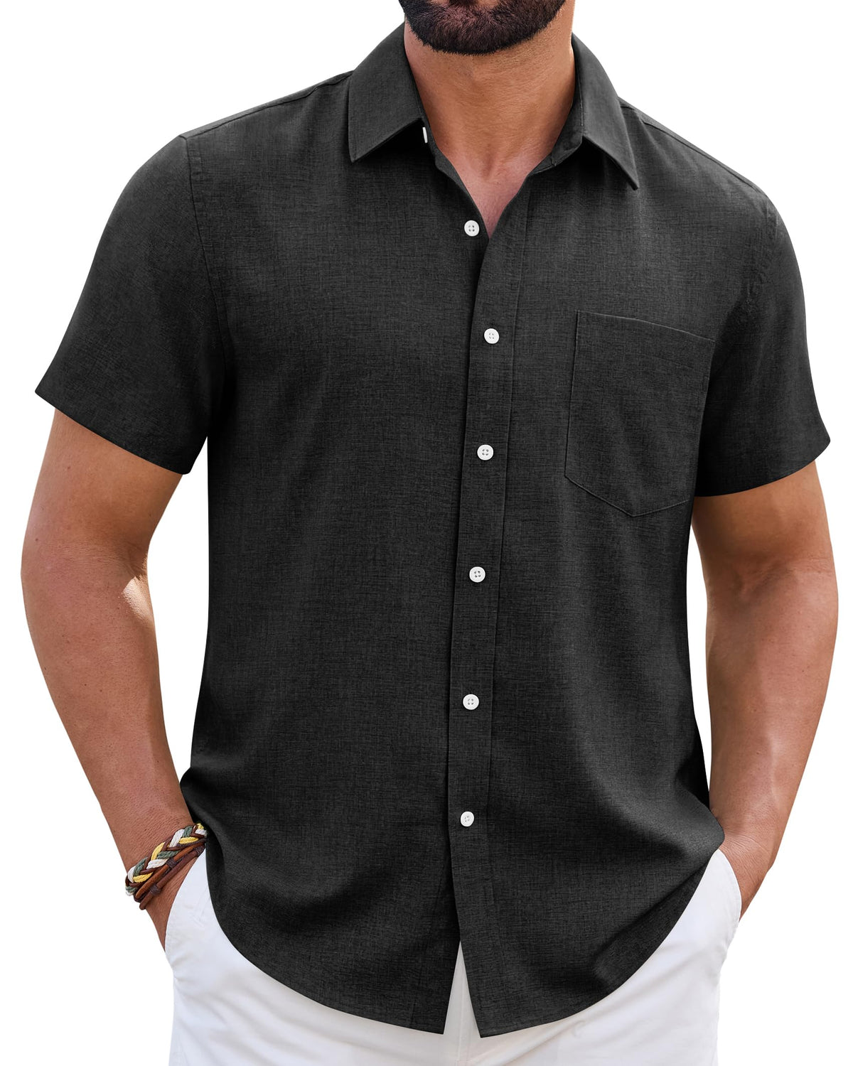 Mens Linen Shirt Short Sleeve Wrinkle Free Casual Untucked Button Down Shirts Beach Breathable Tops Summer