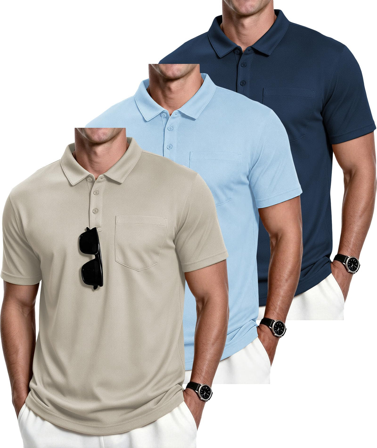 ZITY Men's 3 Pack Polo Shirts Short Sleeve with Pocket Moisture Wicking Casual Work Golf Lightweight Collared T-Shirts