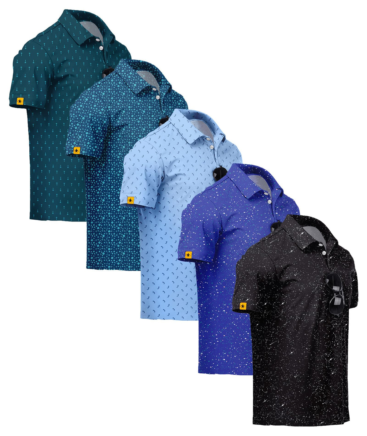 ZITY 5 Pack Mens Golf Shirt Short Sleeve UPF 50+ Print Patterns Casual Polo