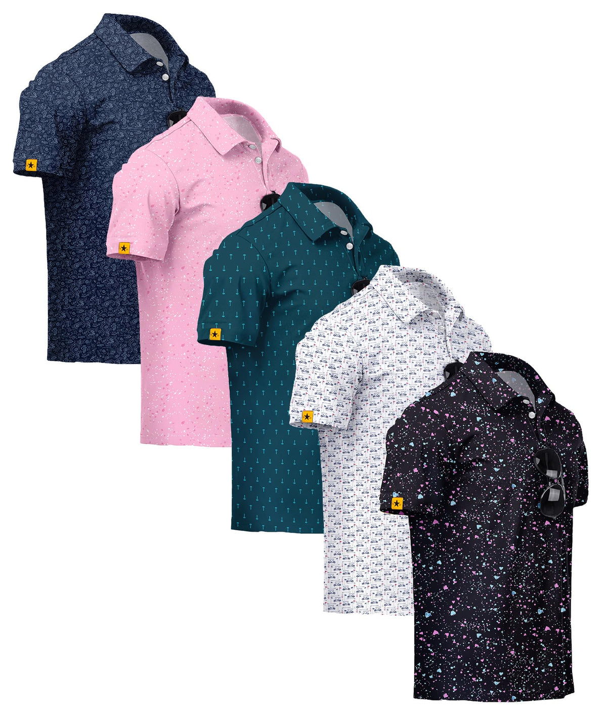 ZITY 5 Pack Mens Golf Shirt Short Sleeve UPF 50+ Print Patterns Casual Polo